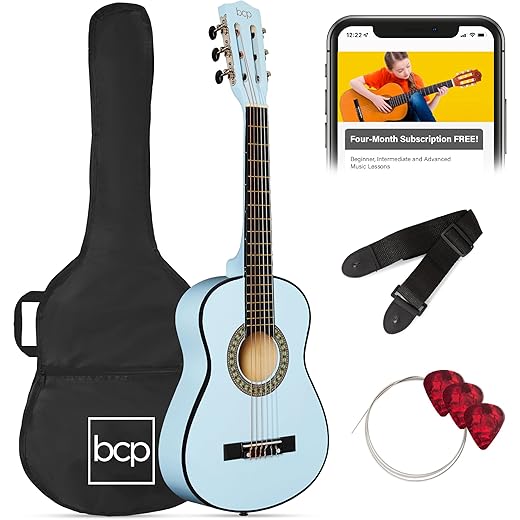 Best Choice Products 30in Kids Acoustic Guitar, All-in-One Beginner Starter Kit w/Strap, Case, Extra Strings, Rosette Inlay - Light Blue