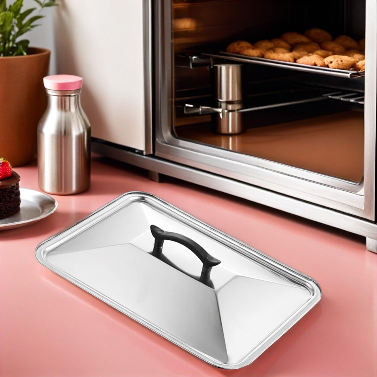 IMIKEYA Coperchio Rettangolare per Teglia in Acciaio Inox 40X30 CM Antispruzzo e Anti-Scottatura con Manico Resistente al Calore Adatto per Forno e Cucina Professionale