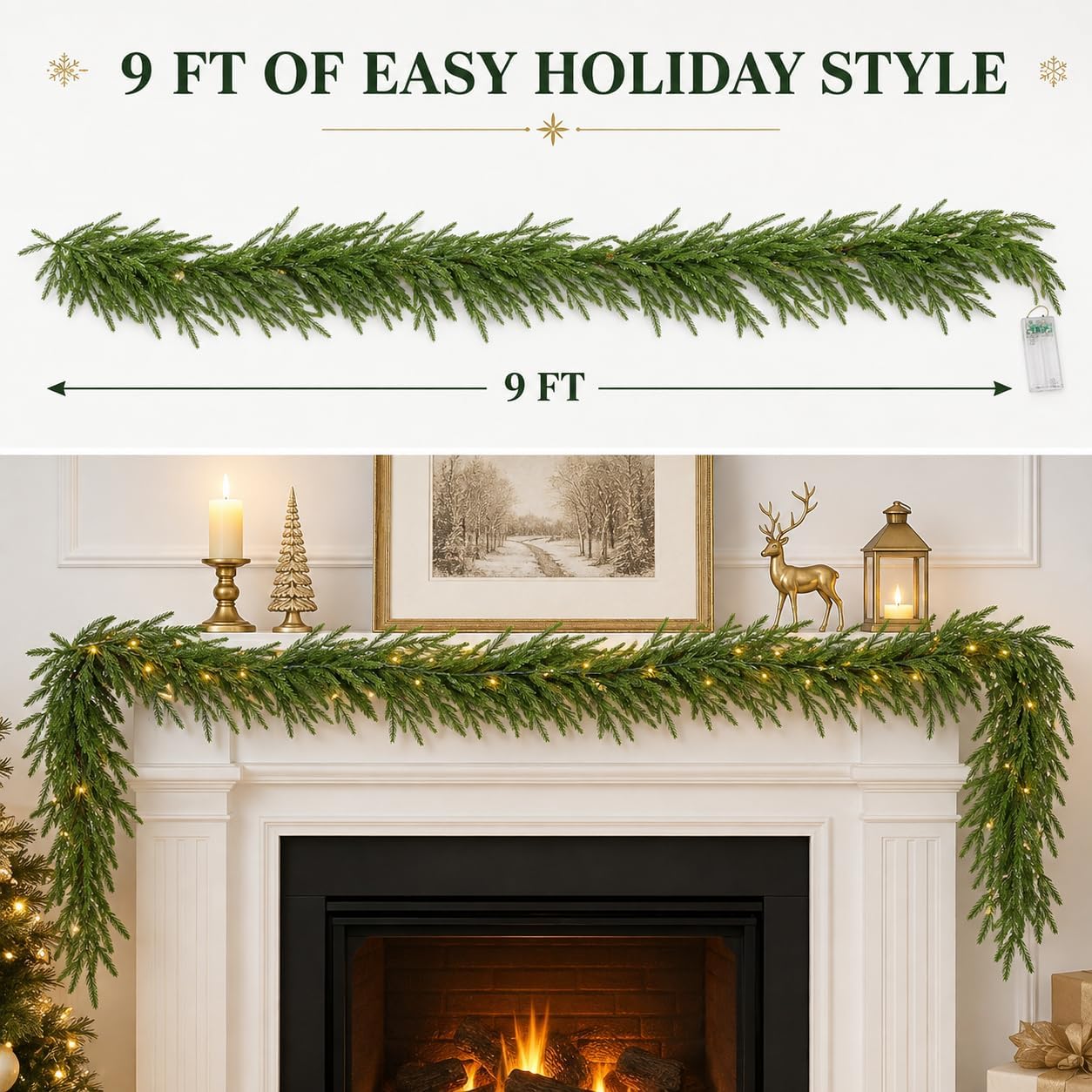 9FT Christmas Norfolk Pine Garland, Real Touch Greenery with 20 LED Lights