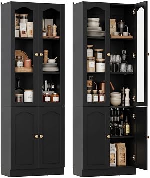 Cyclysio 80" Tall Pantry Cabinet with 4 Doors, Black Kitchen Pantry Storage Cabinet with Built-in Baseboard Notch & Adjustable Shelves Kitchen Storage Cabinet for Dining, Living Room, Office