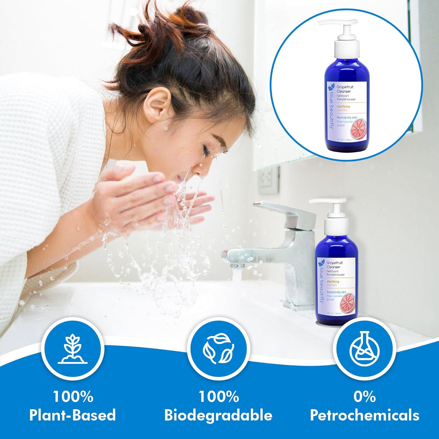Blue Beautifly Grapefruit Deep Pore Cleanser - Removes Dirt, Pollutants, & Makeup - No Sulfates, SLS, PEGs, Toxins, Synthetics - Plant-based, Hypoallergenic, Dermatologically Tested - 4 fl oz