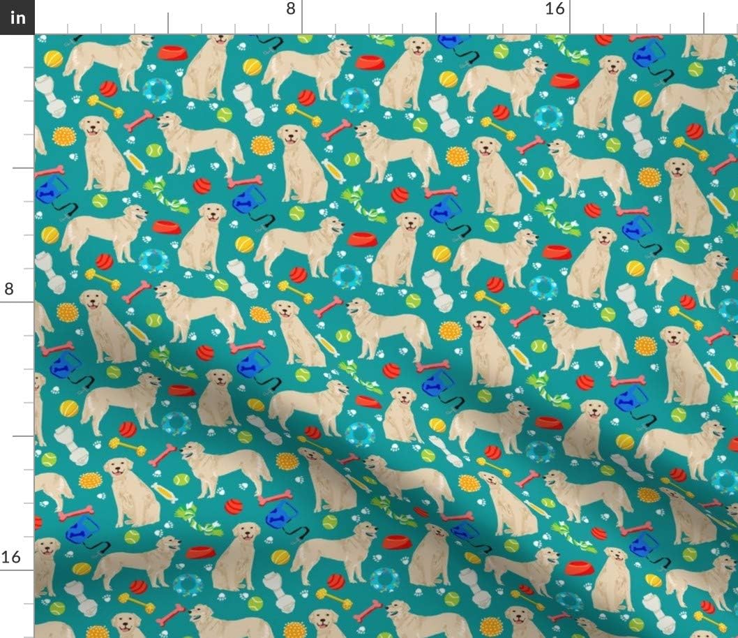 Spoonflower Fabric - Golden Retrievers Dogs Dog Toys Teal Retriever Pet Portrait Printed on Petal Signature Cotton Fabric by The Yard - Sewing Quilting Apparel Crafts Decor