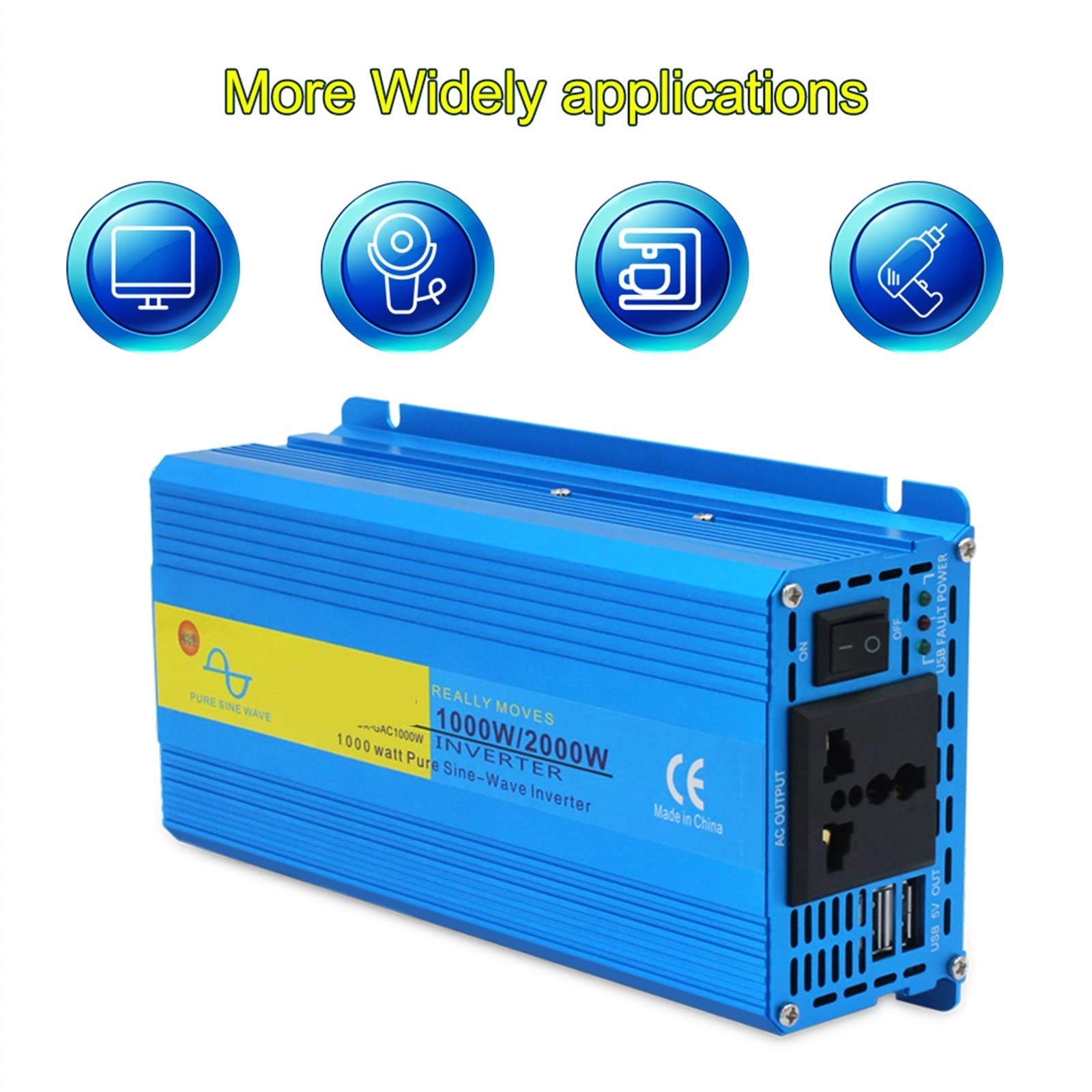 Falownik, Czysta fala sinusoidalna Przetwornica samochodowa 2000 W Moc szczytowa 2 USB DC 12 V do AC 220 230 Konwerter Zasilanie energią słoneczną