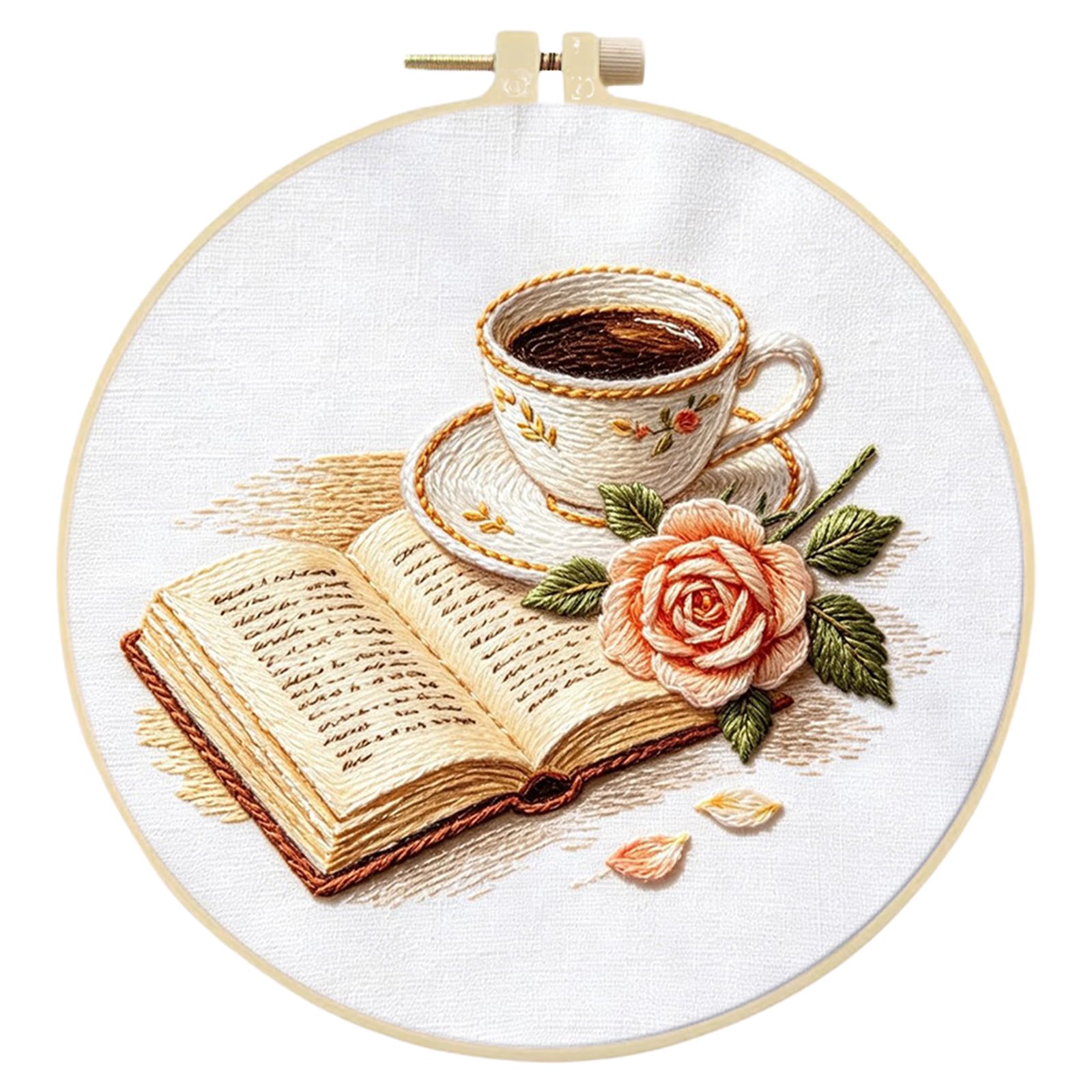 Embroidery Kit for Beginners, Stamped Cross Stitch Kits with Hoop, Threads, Needles &Tools, DIY Needlework Starter Set and Craft Gift for Adults 29 * 29CM(Coffee and Pages)
