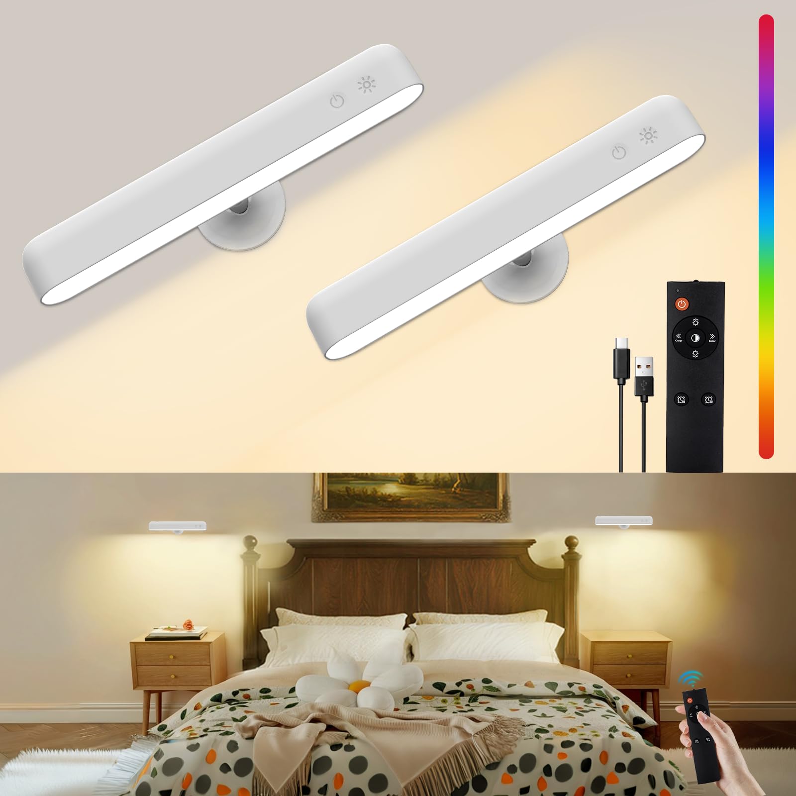 Speclux Rechargeable Wall Lights, LED Battery Operated Wall Lights with 7500mAh Battery Lamp for Bedroom, 3 Colors with 15 RGB Colors, 360°Rotate & Stepless Dimmable Brightness (2 Pack White)