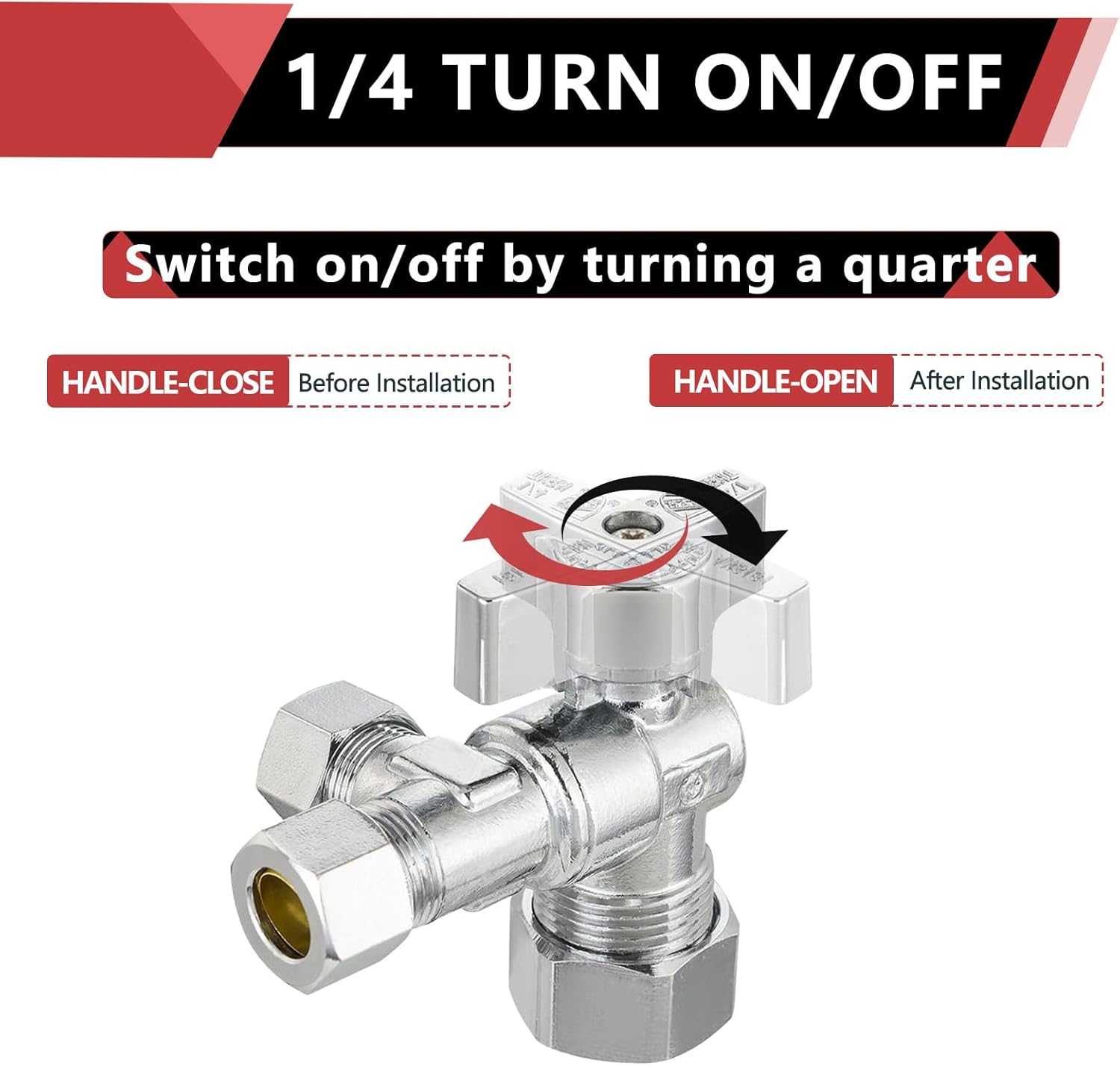 (Pack of 2) EFIELD 1/4 Turn Dual Compression Outlet Angle Stop Valve,1/2" NOM (5/8" OD) x (3/8 inch x 3/8 inch), Chrome Plated Brass Made,(VALVE206)