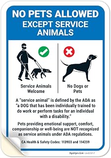 No Pets Allowed Except Service Animals Sign, 10x7 Inches, 4 Mil Vinyl Decal Sticker, Weather Resistant, Made in USA