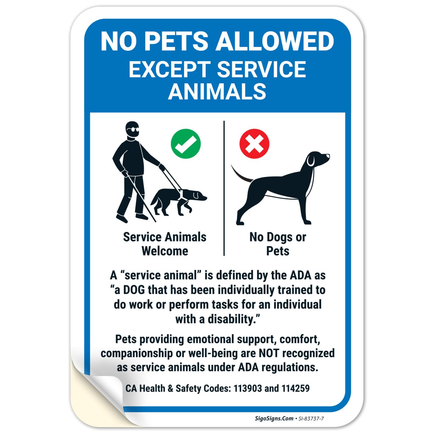 No Pets Allowed Except Service Animals Sign, 10x7 Inches, 4 Mil Vinyl Decal Sticker, Weather Resistant, Made in USA