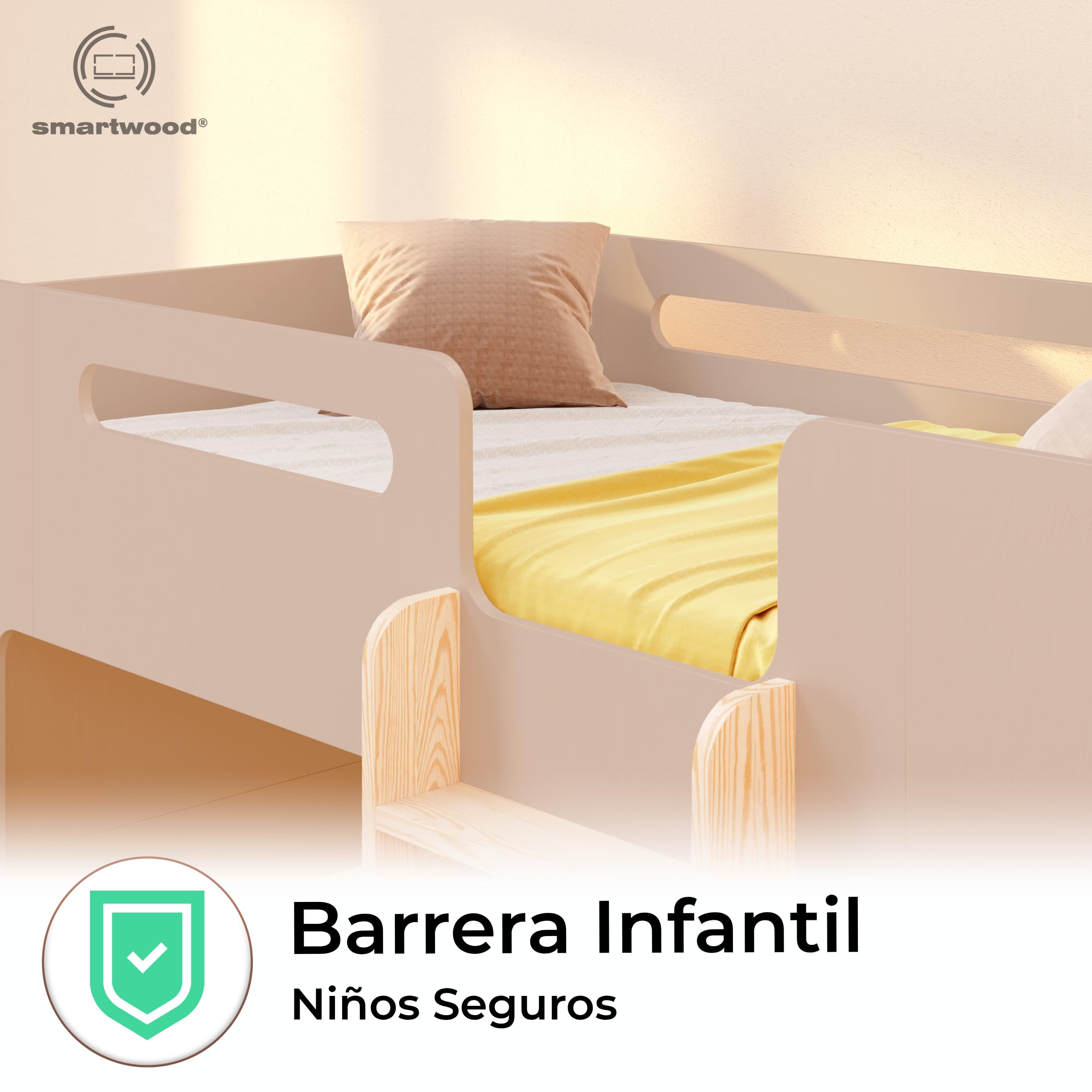 smartwood Litera Infantil 80x180 cm Cachemira - Cama Litera de Madera con Barandillas de Seguridad y Somier de Láminas - Soporta hasta 230 kg - para Niños y Niñas - Mimi B
