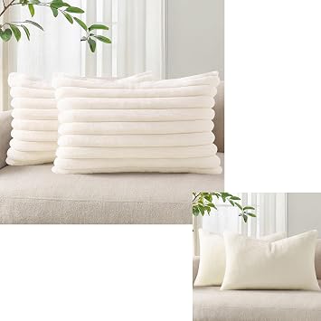 Pallene Faux Fur Pillow Covers 12x20 and Fluffy Pillow Covers 12x20, Cream White, 2 Item Bundle
