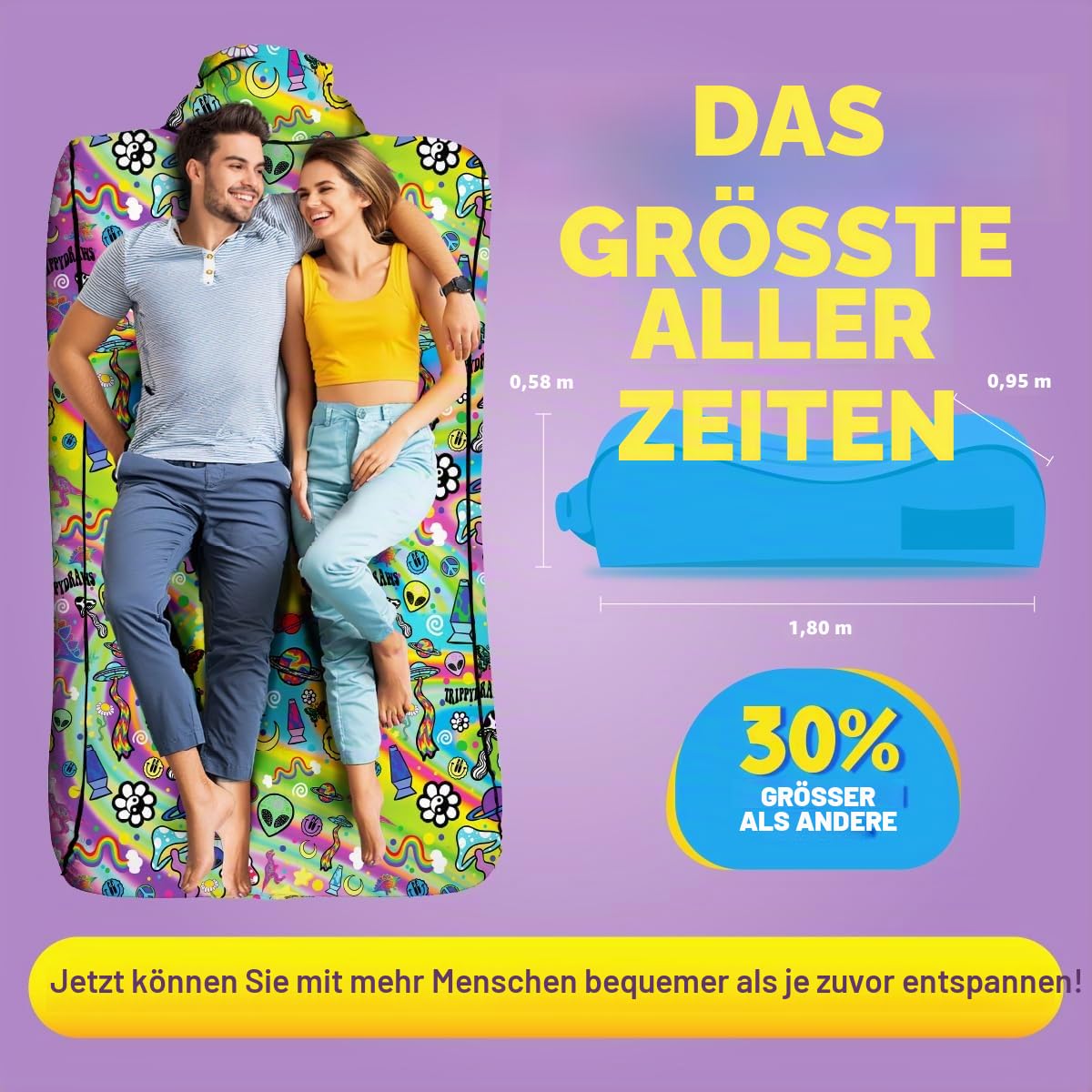Chillbo x TrippyDraws Lazybone Aufblasbare Couch – Ultimative aufblasbare Liege für maximale Entspannung – Die perfekte aufblasbare Couch für Musikfestivals