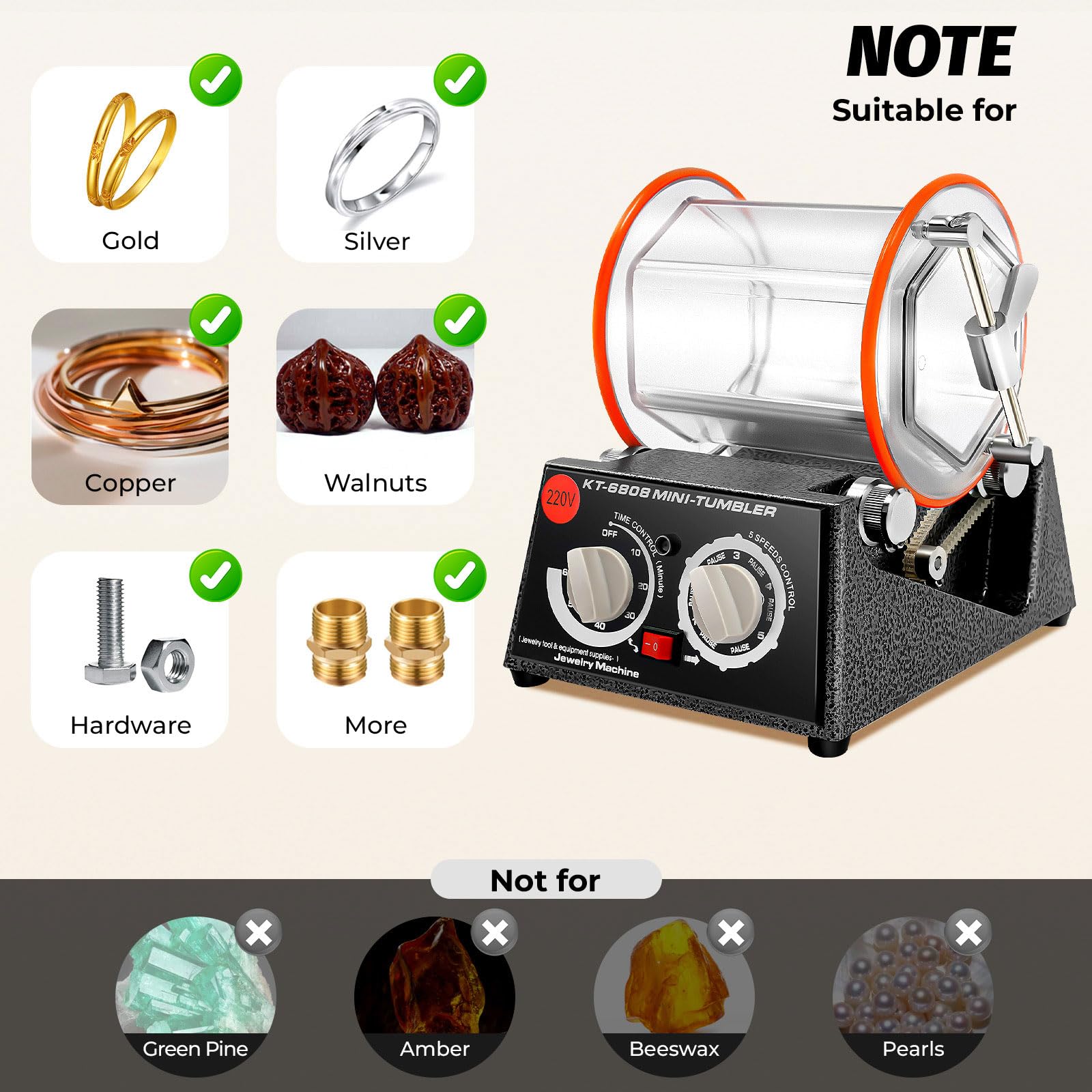 Máquina pulidora de joyas, pulidora de mesa de 60 W con 5 velocidades y temporizador, motor CC de hasta 3000 rpm, tambor visible, ideal para desbarbado, pulido de oro/plata/monedas