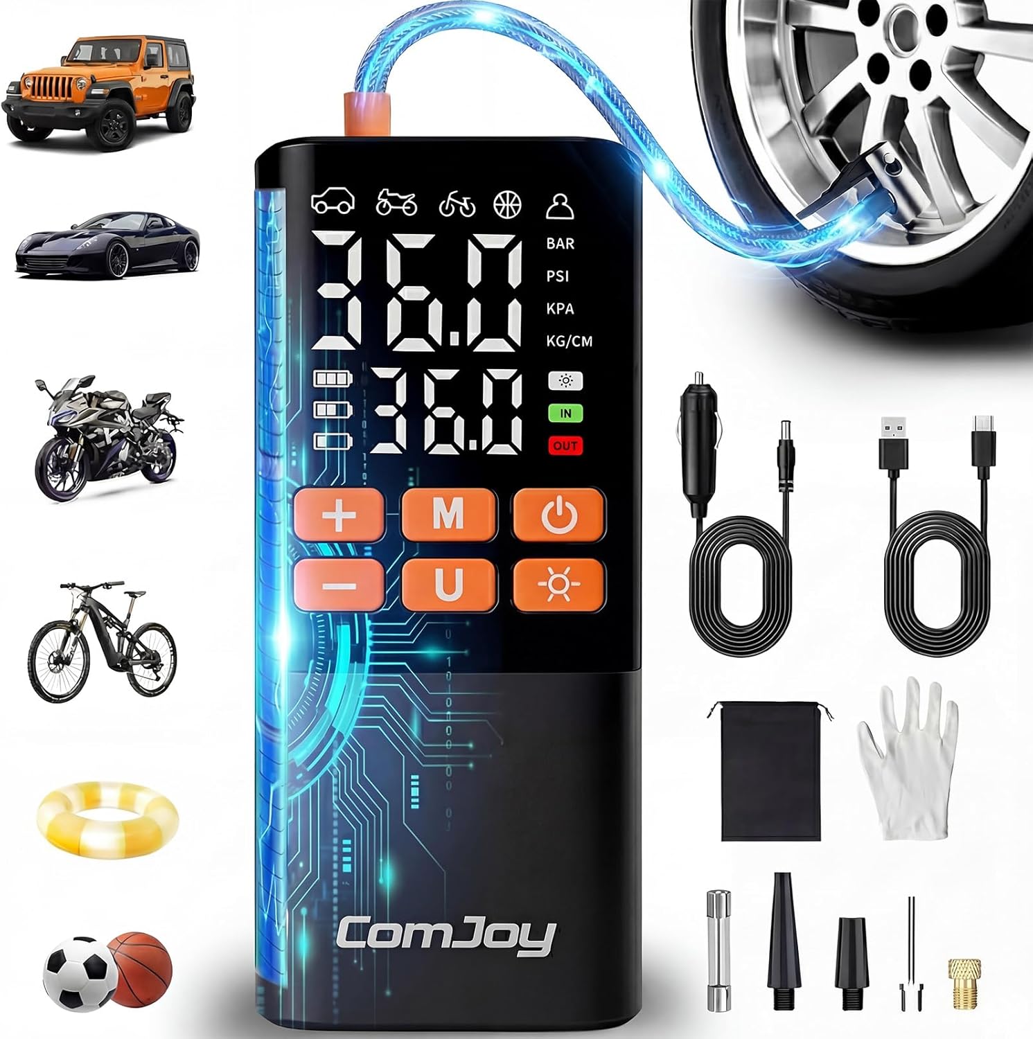 Faster Tire Inflator Portable Air Compressor, 150PSI Cordless Air Pump for Car Tires - 6000mAh & 12V DC, Rechargeable Smart Tire Pump with Digital Gauge &LED Light, Auto Shut-Off for Bike, Motor, Ball