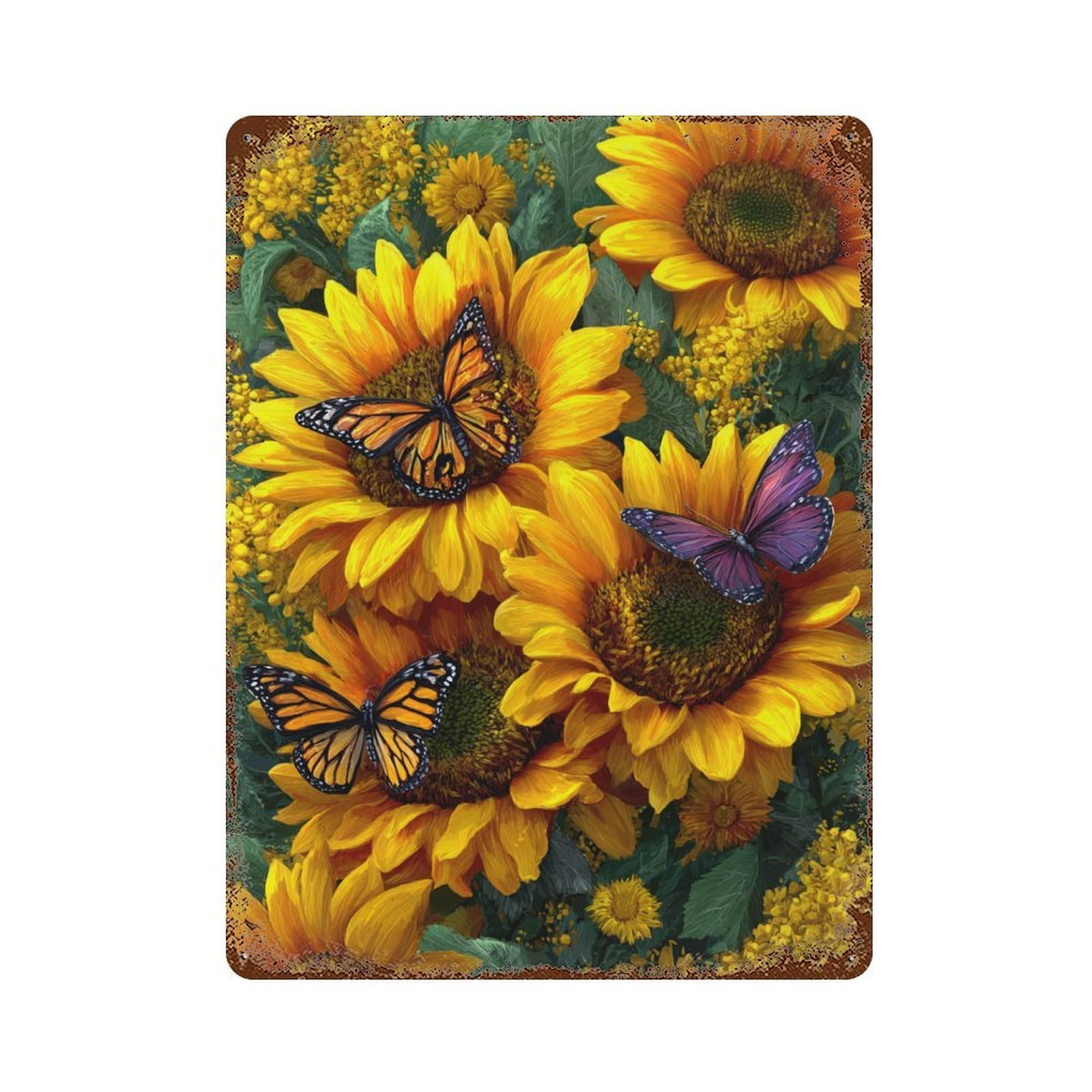 Sunflower Butterfly Garden Rustic Tin Plaque 15.7"x11.8", Ideal for Office, Studio And Wall Decor