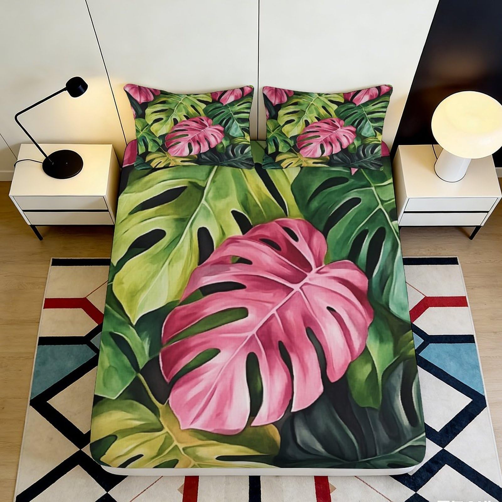 3D Printed Tropical Monstera Fitted Sheet Microfiber Soft Pink Green Leaf Mattress Cover for Bedroom Dorm Decor 90x200x25cm