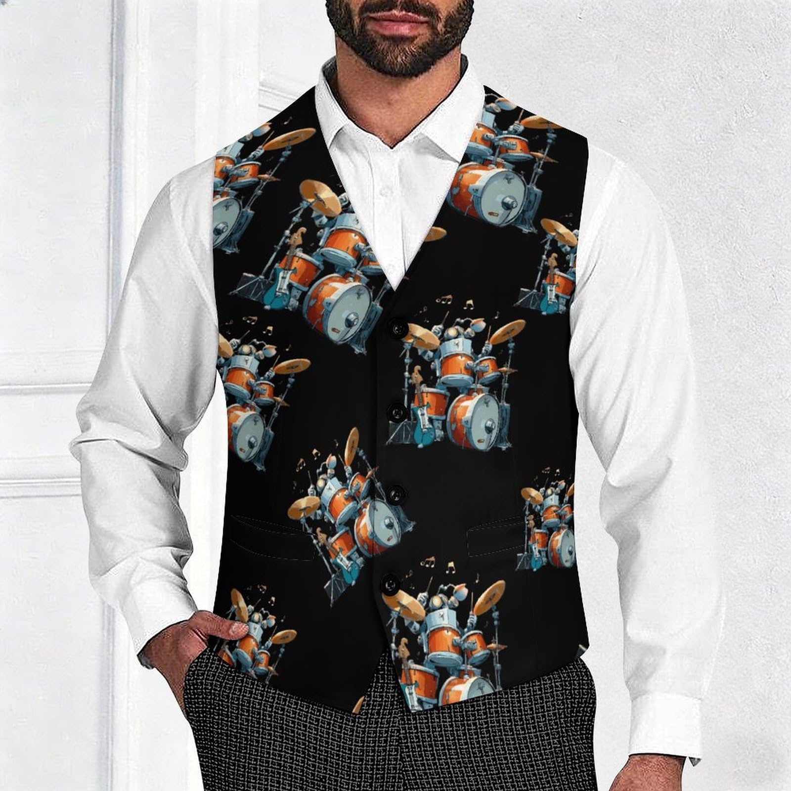 Drum Kit Playing Rock And Roll - Gilet casual da uomo con 2 tasche | Slim Fit Gilet Gilet Business Formale Gemelli Vestito