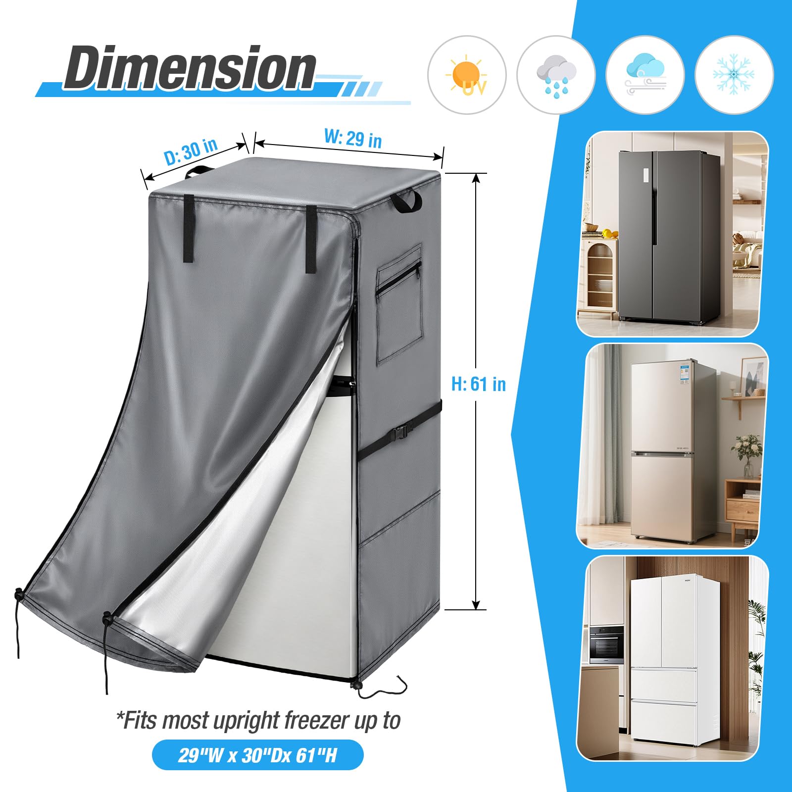 Funda para refrigerador, impermeable y a prueba de polvo, para proteger congeladores verticales, adecuada para habitaciones frías, 73,6 cm de ancho x 76,2 cm de profundidad x 155 cm de