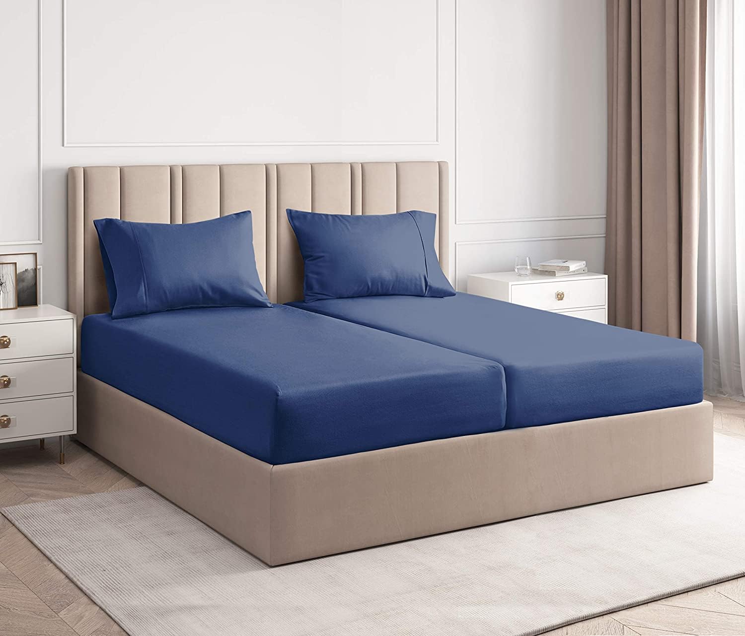 split king sheet set - 100% cotton sheets - 5 piece split king size cotton bed set w/ deep pockets up to 16 inches - soft, breathable & cooling - fade & stain resistant - machine washable - navy blue