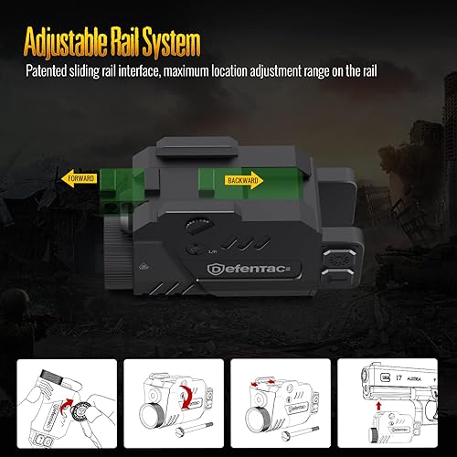 Miniatura 5 de Defentac Combo de luz láser de pistola de 680 lúmenes, linterna táctica estroboscópica con haces rojosverdeazules para pistolas compactas con riel,