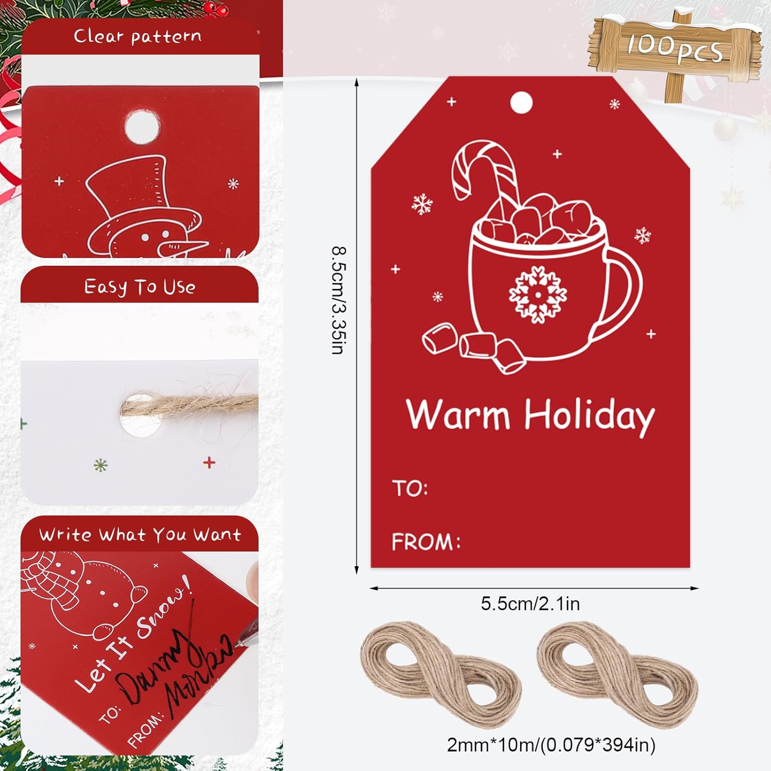 100PCS Christmas Gift Tags 10 Styles Merry Christmas Gift Tags with String Modern Kraft Name Tag for Present Wrapping Xmas Holiday Festive Party Favors - Image 2