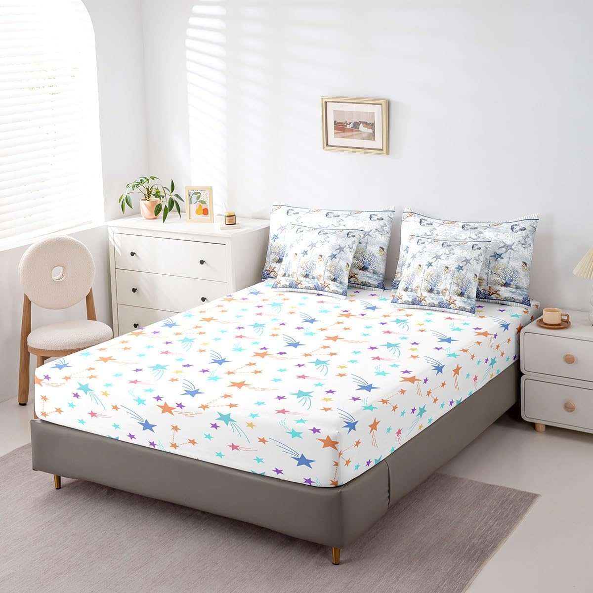 Feelyou Beach Starfish Comforter Set with Sheets Queen Size 7 Piece Ocean Marine Themed Sailboat Bedding Set for Boys Girls Sea Creatures Bed in a Bag Coastal Nautical Bed Set