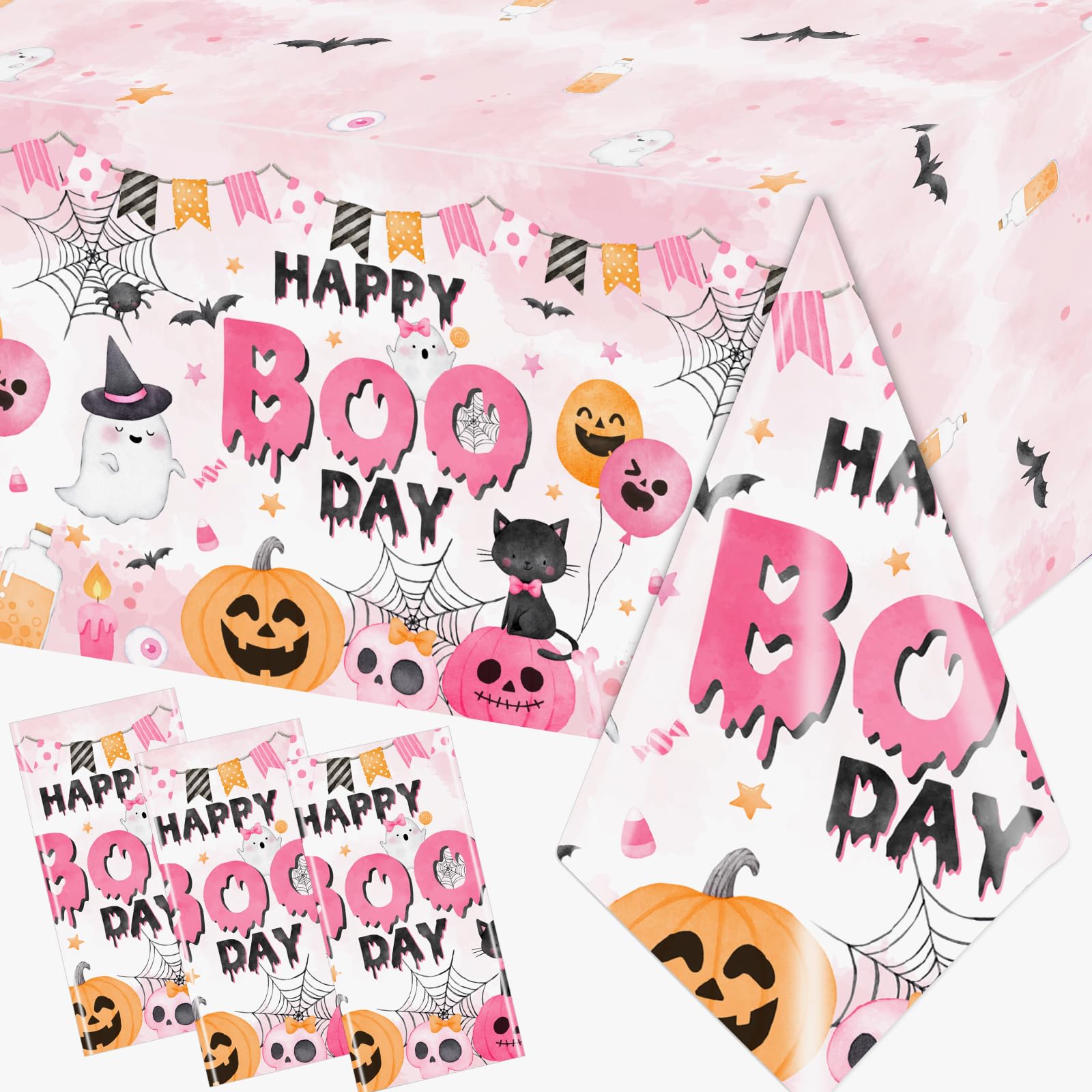 CMUSKO Halloween Happy Boo Day Tablecloth, 3Pcs Pink Ghost Pumpkin Plastic Booday Tablecloth,Boo Day Table Cover for Halloween Birthday Baby Shower