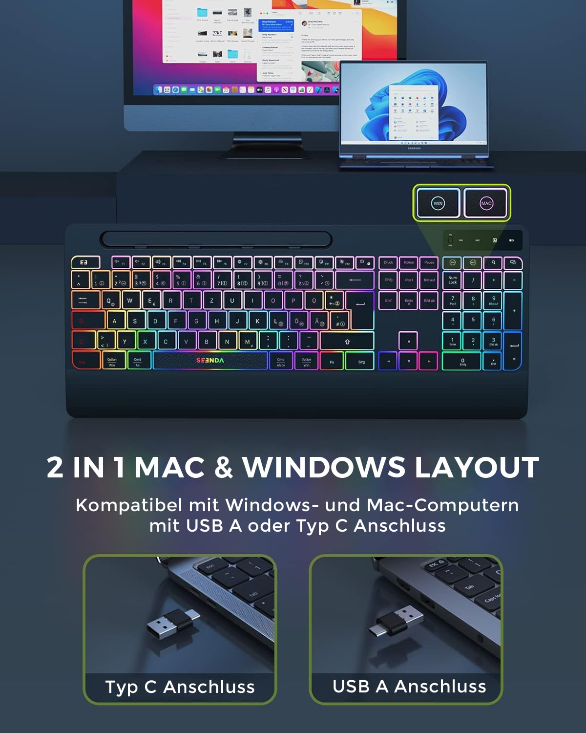 Seenda JPX006 kabelloses Tastatur Maus Set beleuchtet ergonomisch mit Handyhalter Handballenauflage leise Tasten QWERTZ
