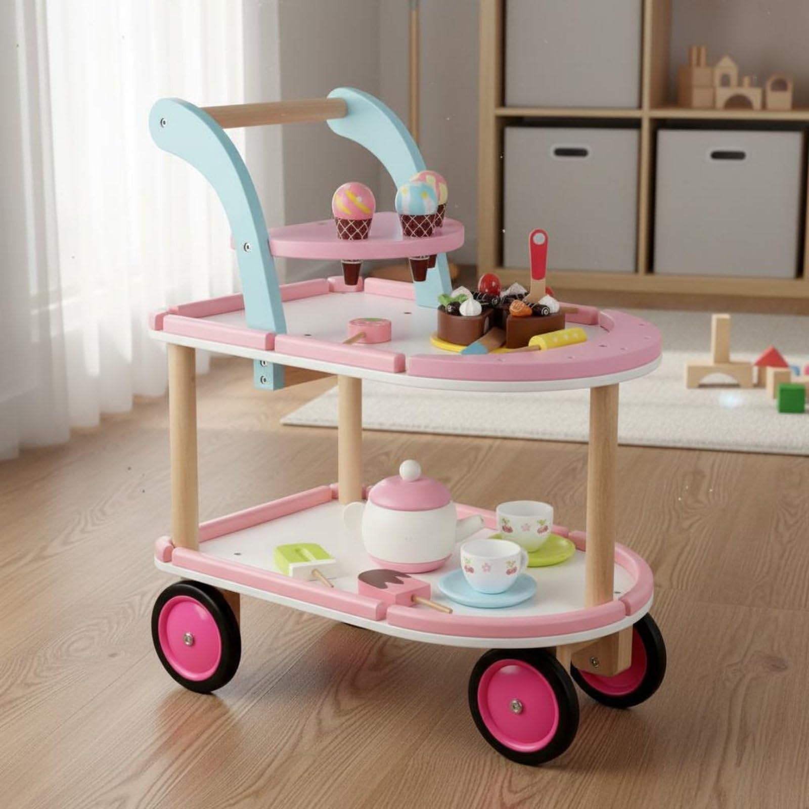 Qianly Eisdielenwagen mit Rollen Eisverkaufsstand aus Holz Soziale Fähigkeiten Holz-Eisdiele für Kinderzimmer