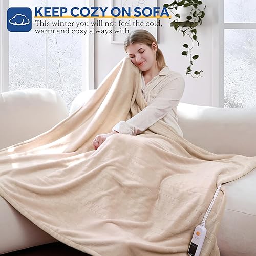 Miniatura 4 de SEALY Manta eléctrica tamaño individual, manta eléctrica de felpa corta a cuadros y sherpa con 10 niveles de calefacción y apagado automático de 1 a