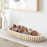 Wooden Decorative Dough Bowl for Home Decor, Unique Centerpiece Bowl, Wood Bowl with Hand Carved Vertical Stripes, Home Decor Accents for Farmhouse Boho Rustic Style (16.3'x 6' Light Wood Color) A- 16“ Light Wood