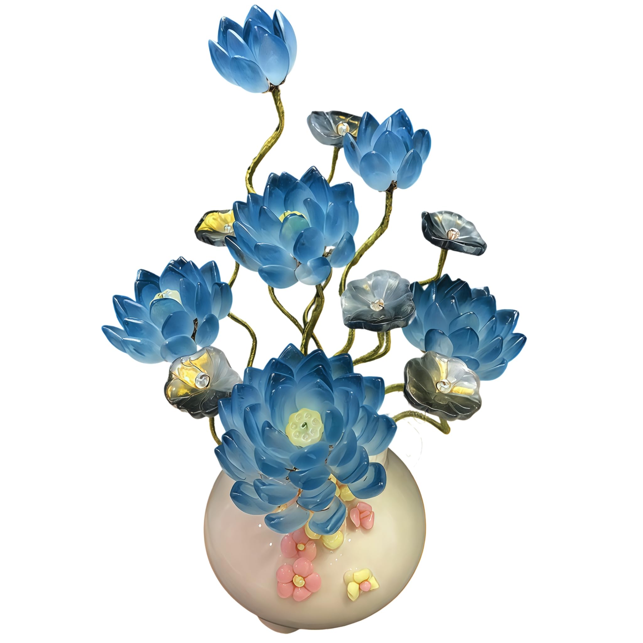 Photo 1 of Handmade Art Glass Lotus Flower Arrangement in Vase, Blue Glass Floral Sculpture, Elegant Home Decor Accent, Decorative Centerpiece Gift for Mom, Women, Housewarming (Sapphire Blue)