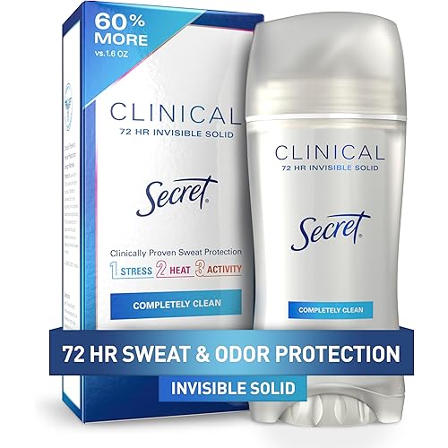 Secret Clinical Strength Antiperspirant and Deodorant for Women, 3X Stress Sweat Protection, PH Balancing Minerals, Invisible Solid, Completely Clean Scent, 2.6 oz