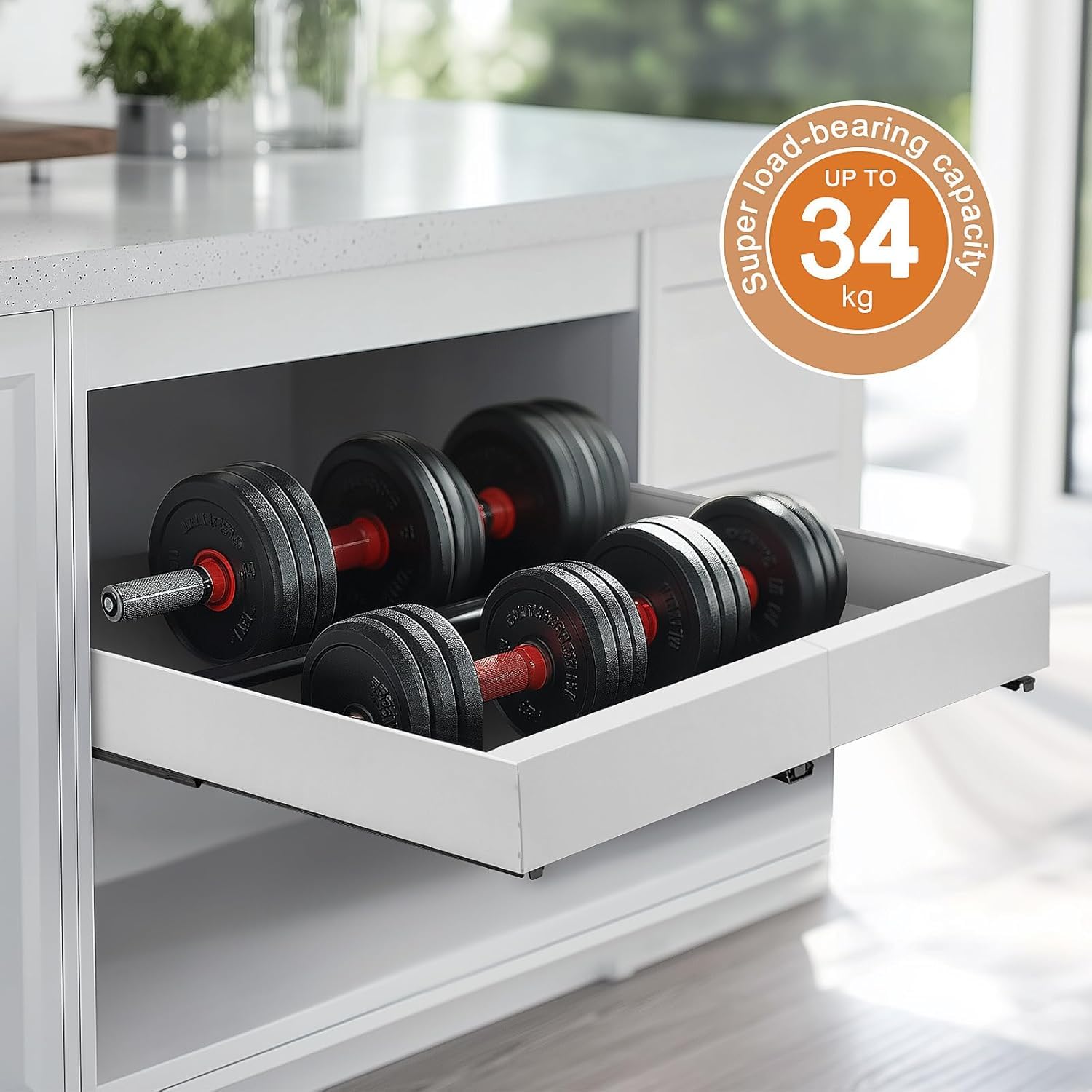 2er Set Teleskopschubladen - Verstellbare Ausziehschieber (32-53cm Breite) für Küchenschränke | Mit Klebebefestigung & 3 Schienensystem | 34kg Tragkraft (Weiß)