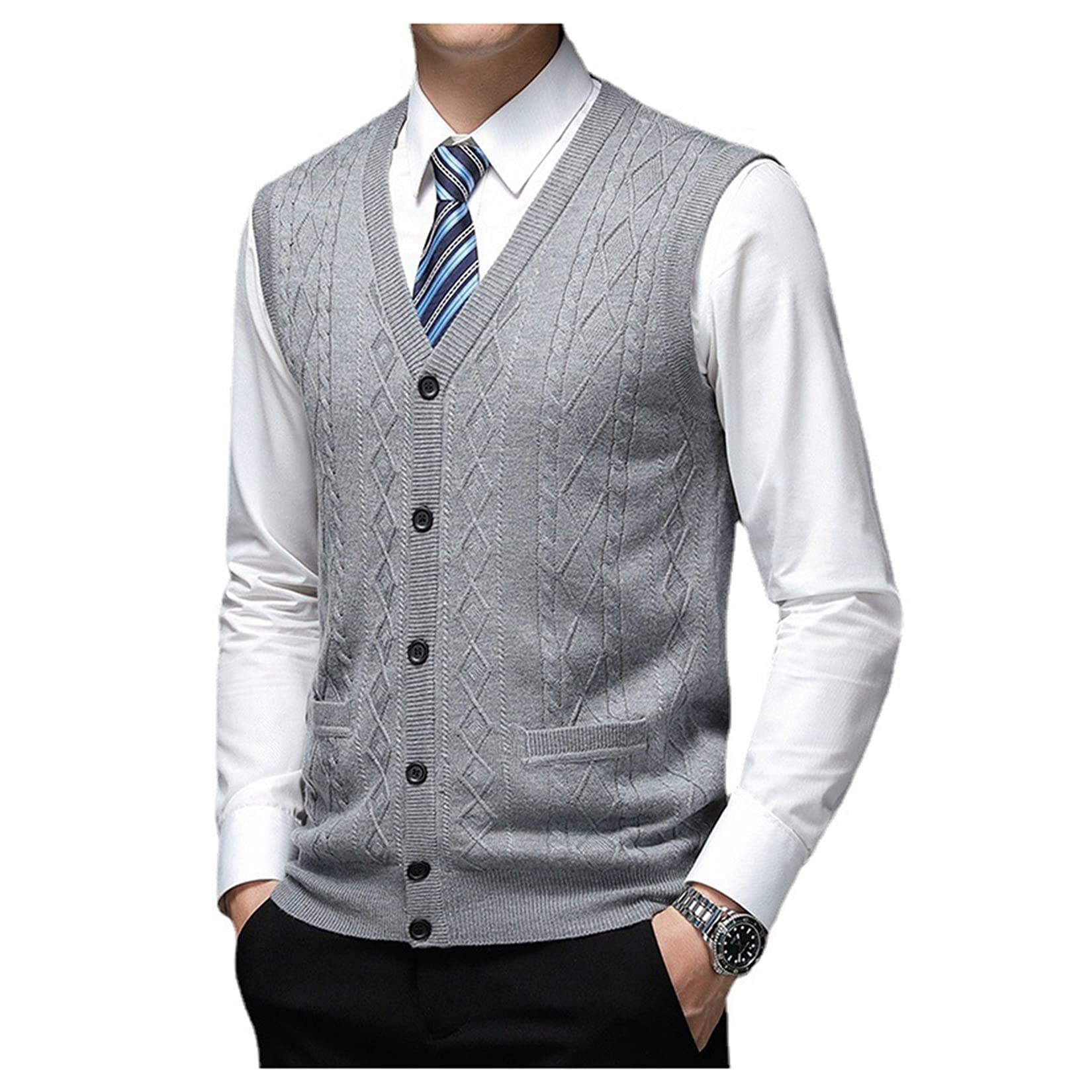 Dawwoti Jersey De Punto Sin Mangas para Hombre Mezcla De Lana Botón Frontal Rebeca Chaleco Twist Cable