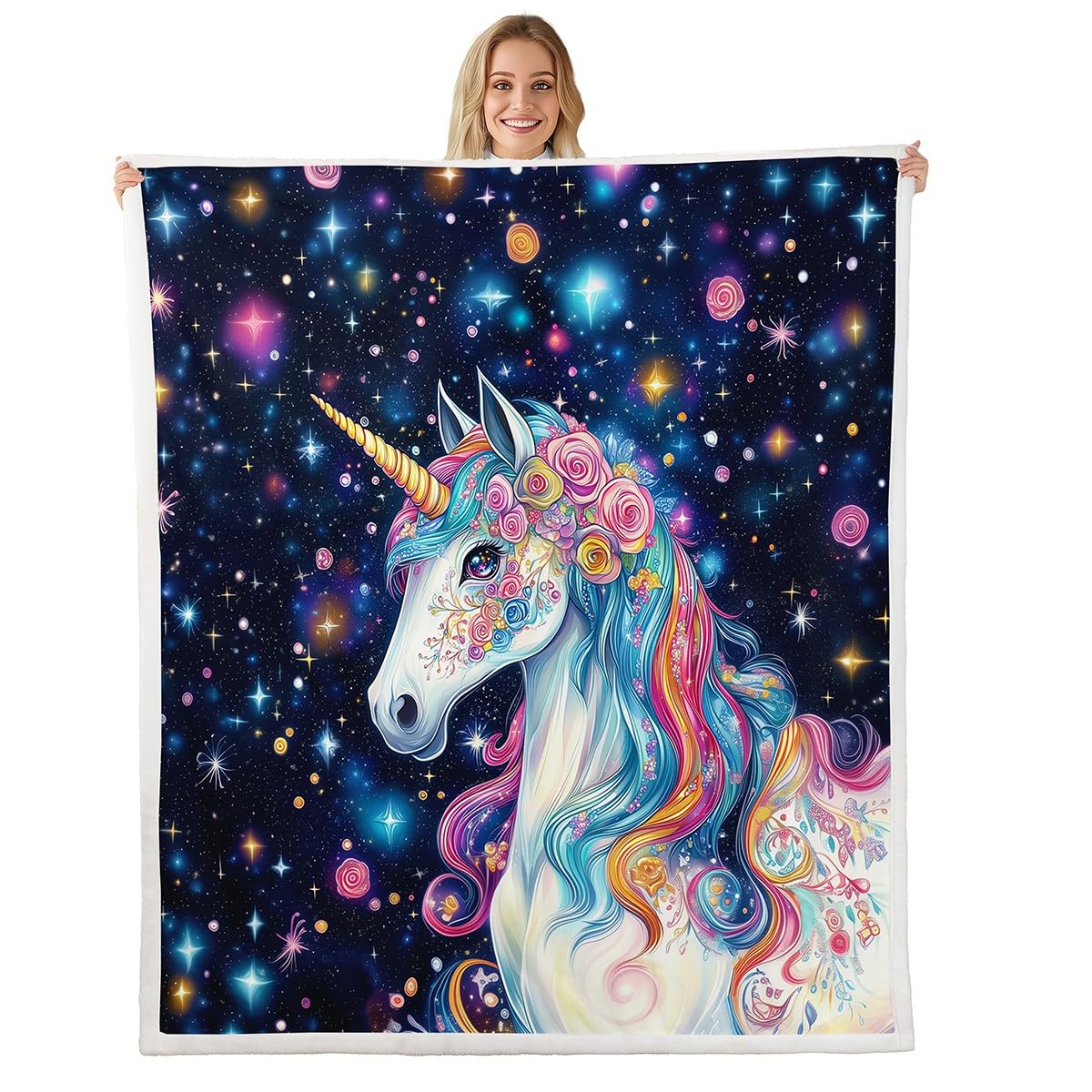 feelingyou Unicorn Horse Blanket Queen 90x90 Bohemia Exotic Floral Blanket for Kids Teens Kids Girls Colorful Glittering Galaxy Sherpa Blanket Dreamy Rainbow Bed Blanket Sofa Bed Couch Decor