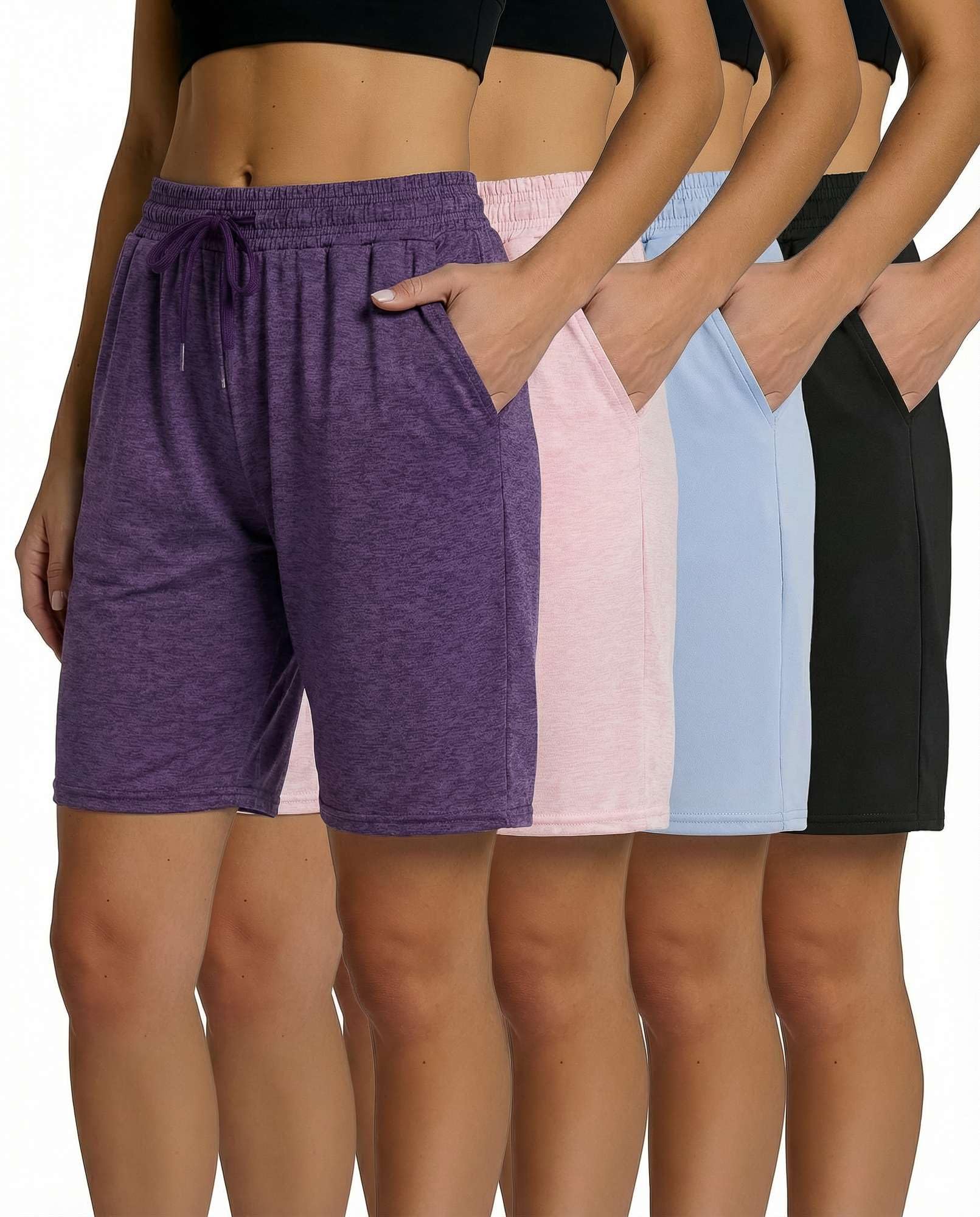 Real Essentials 4 Pack: Women's Dry-Fit Athletic 7" Bermuda Long High Waisted Running Shorts (Available in Plus Size)