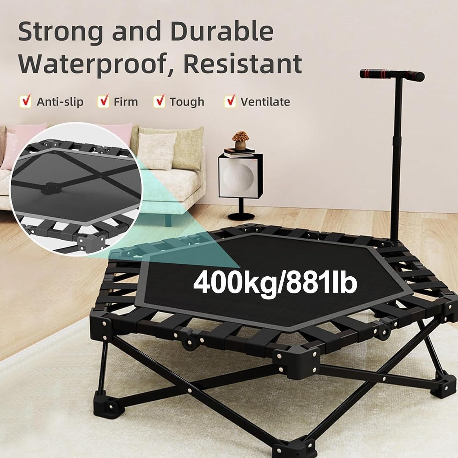 Fitness Trampolin in Studioqualität,Ø106cm Mini Indoor Trampolin für Cross Jumping bis 200kg belastbar,höhenverstellbarer Handgriff,Stabil & leise