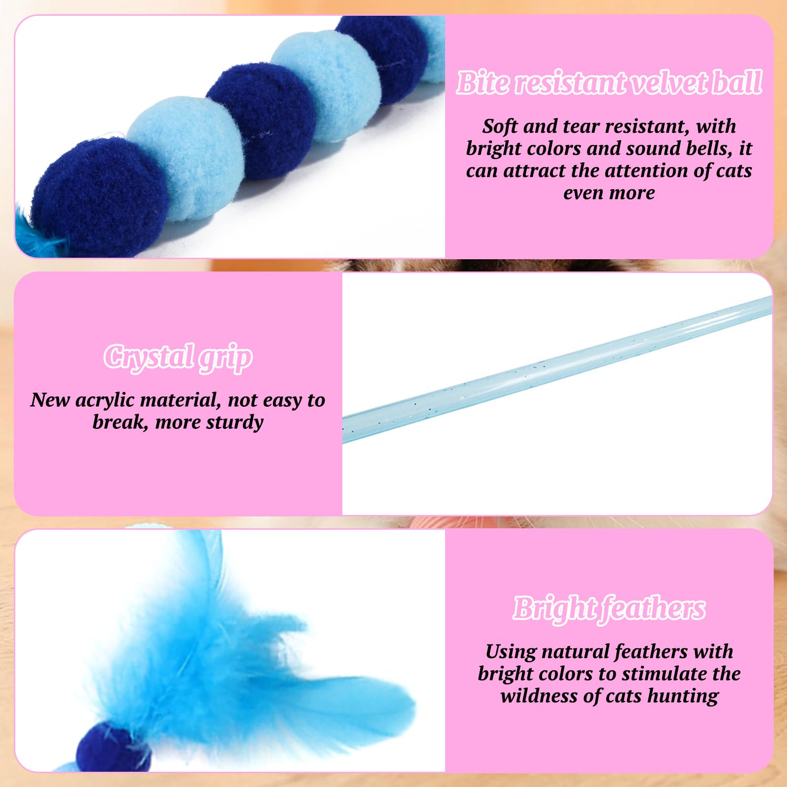 Feibety 2Pcs Cat Feather Toys Cat Wand Toys with Bell and Plush Balls,Colourful Interactive Kitten Teaser Pet Toy Wire Chaser Wand Teaser Indoor Playing Exercising Interactive Training(Blue + Purple) - Image 3