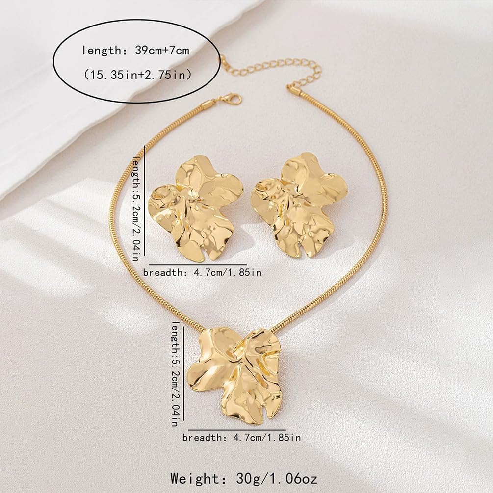 Chunky Big Gold Earrings Statement Choker Necklace Jewelry Set for Women, Charm Large Irregular Geometry Pendant Bold Stud Party Prom Accessories Gift - Image 2