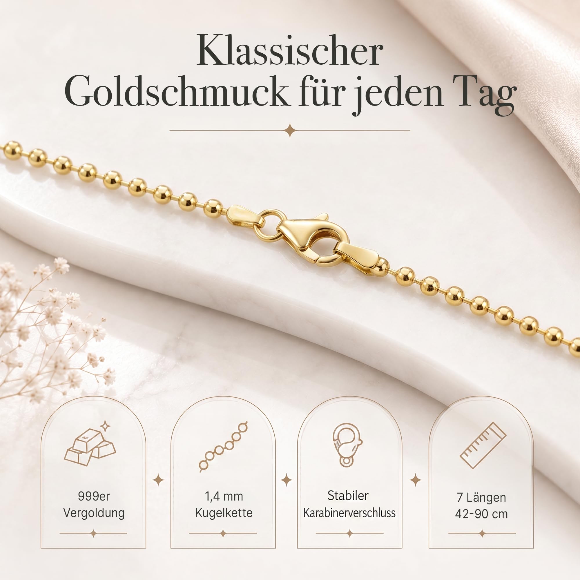 Kugelkette vergoldet 925 Silber Damen 1,4 mm Halskette 101061-5 | goldene Silberkette Gold Kette Goldkettchen in den Längen 42 45 50 60 70 80 90 cm verfügbar