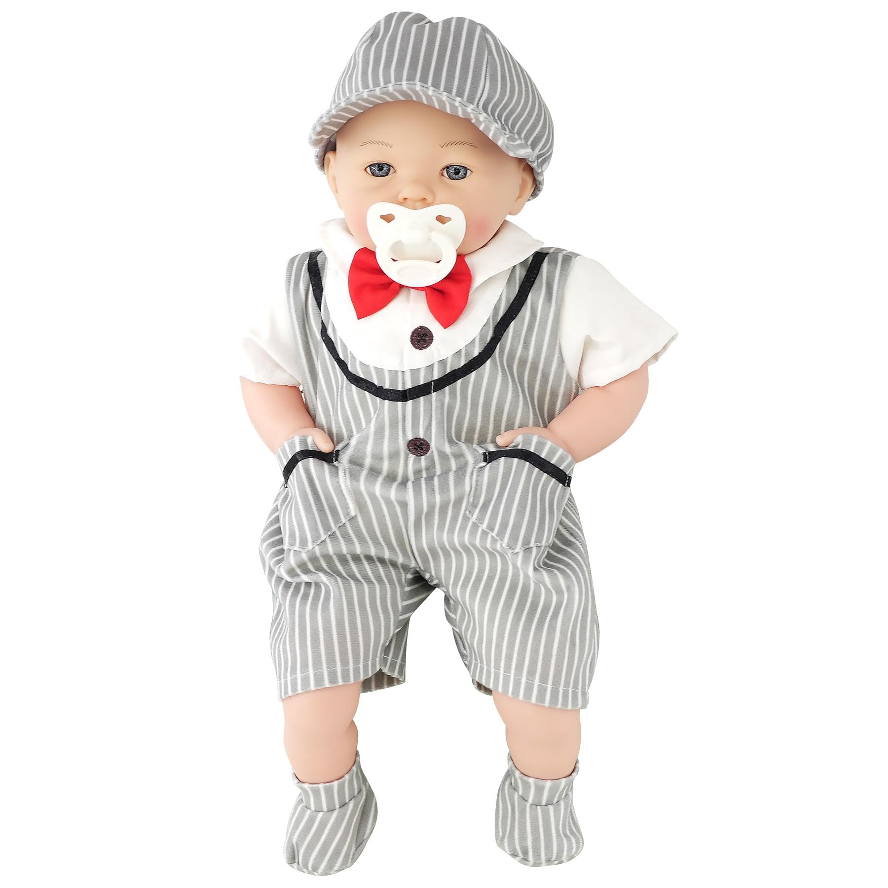 18" Baby Boy Doll with Dummy & Sounds - Lifelike, Soft Body, Formal Grey Stripped Outfit, Realistic Toy for Girls & Boys Aged 18 Months+