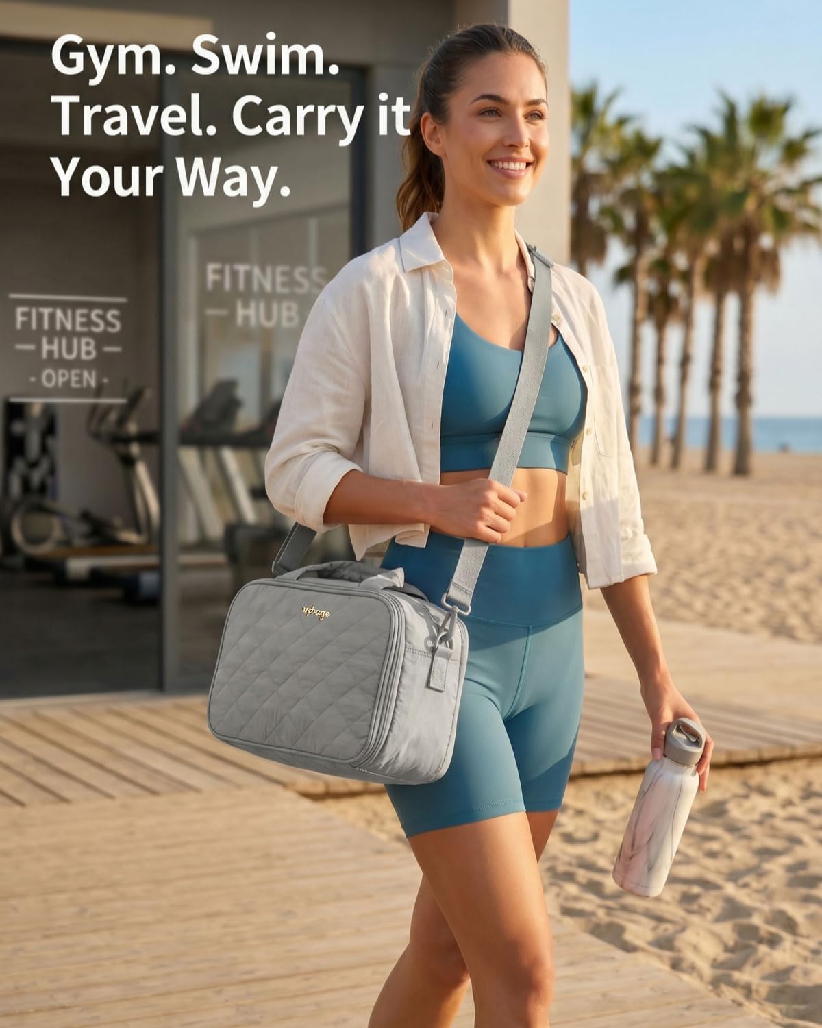 VPBAGE Large Quilted Toiletry Bag for Women, Puffy Travel Makeup Organizer with Removable Divider & Shoulder Strap, Waterproof Standing Cosmetic Case for Full-Size Toiletries, Gym, Vacation