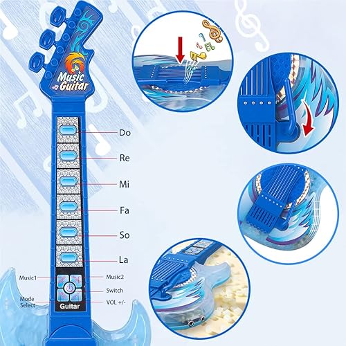 Miniatura 3 de TAKIHON Juego de guitarra y micrófono para niños, juguetes de guitarra con música y luz colorida, micrófono de altura ajustable con soporte,