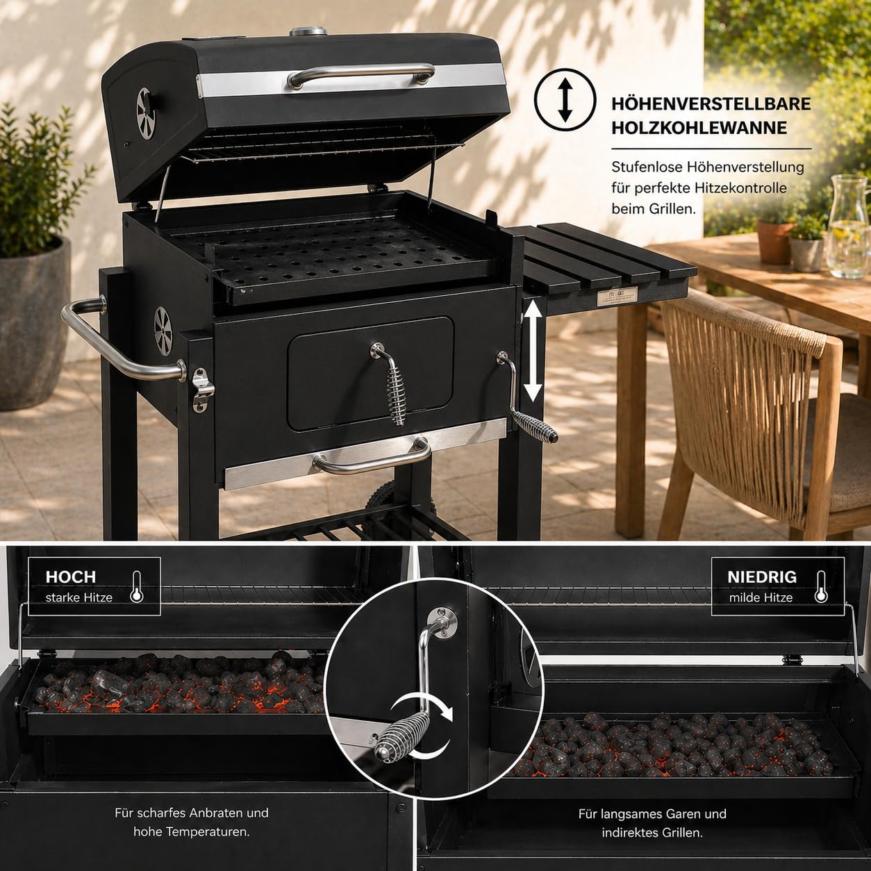 Holzkohlegrill XL BBQ Grillwagen Verstellbarer Standgrill mit Deckel Quadratischer Barbecue Gartengrill aus Eisen - Garten Camping Terrasse - Grillrost und Thermometer Holzkohle Grill