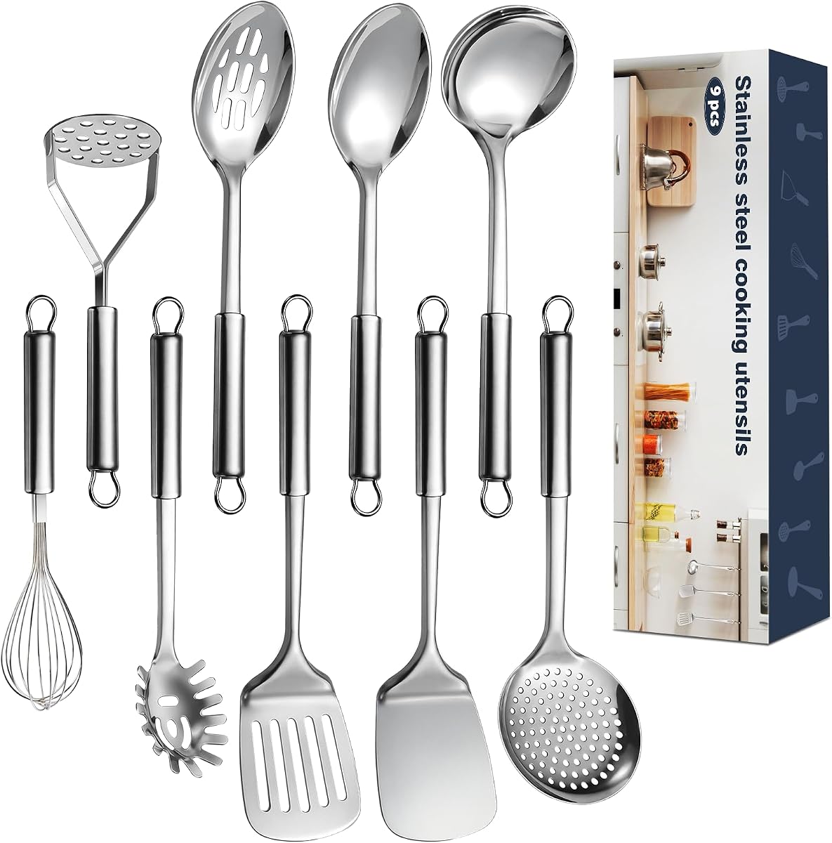 Juego de utensilios de cocina de 9 piezas, utensilios de cocina de acero inoxidable, herramientas de cocina de metal resistentes al calor que incluyen espátula sólida y ranurada, cuchara para servir, cucharón, servidor de pasta, machacador de patatas, batidor de huevos, plateado