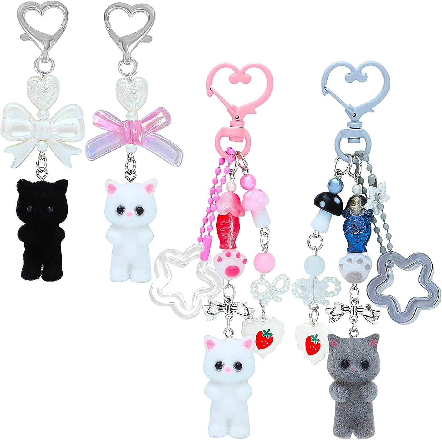 4 Pieces Cute Cat Keychain Fuzzy Kitty Keychains for Cat Lovers Y2K Heart Bow Pendent Stylish Keychain Accessories for Bag Key Charm
