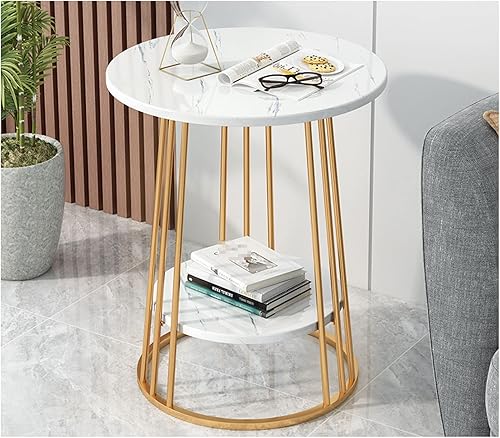 Miniatura 7 de Mesa de Centro - Mesa de centro redonda de 2 niveles, diseño creativo de mármol y metal resistente, mesa auxiliar pequeña nórdica simple para sala