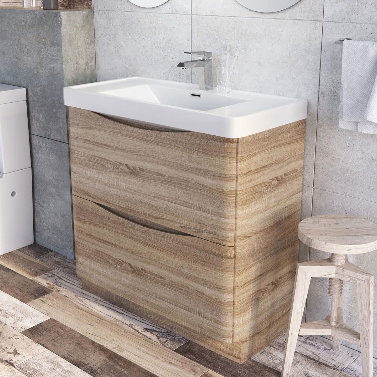 Eaton Pale Oak 900mm Floor Standing Vanity Unit Inc Resin Basin Under Sink Bathroom Cabinet Storage Sink