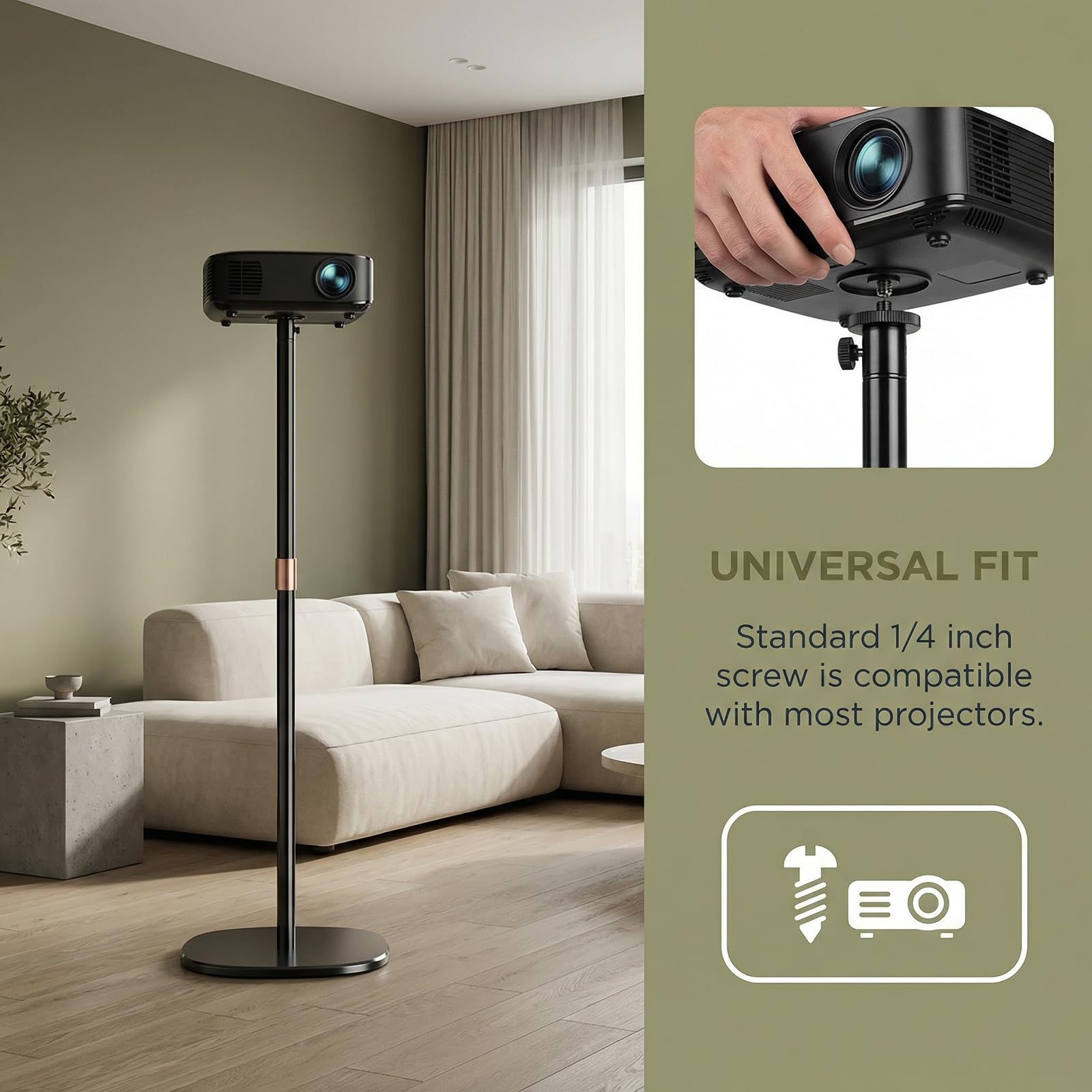 Projector Stand, Soporte Proyector Giratorio de 360° para la Mayoría de los Proyectores, Altura Ajustable de 128 a 164 cm, con Base Resistente para Cine en Casa, Sala de Juegos u Oficina.