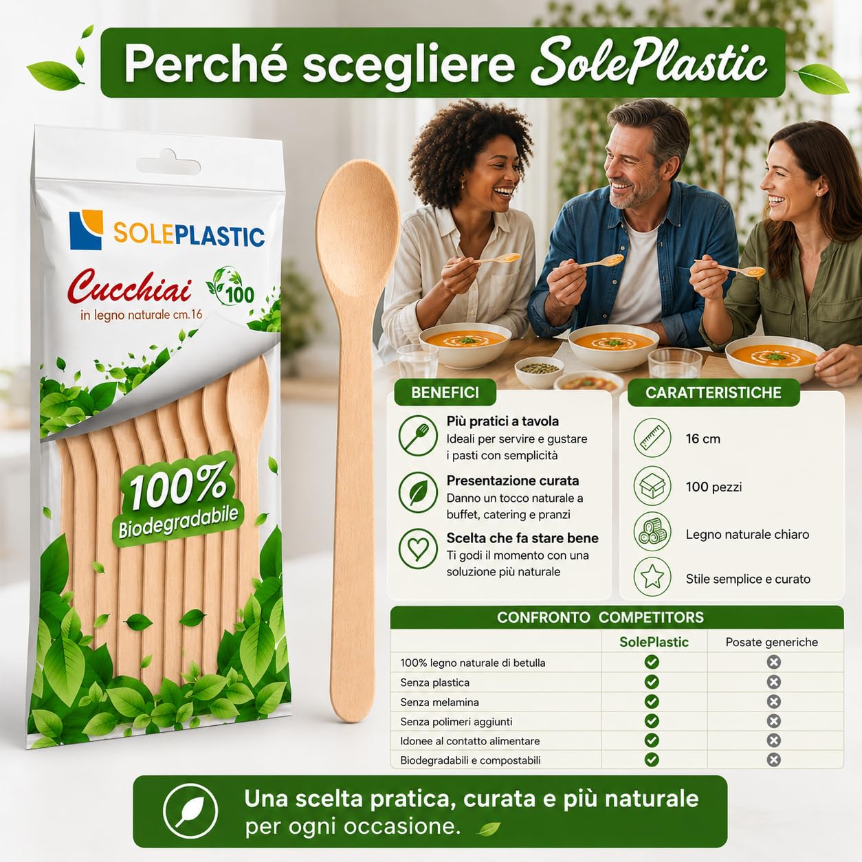 Cucchiaio Legno di Betulla 16 cm - Posate Bio Compostabili Biodegradabili per Asporto Catering